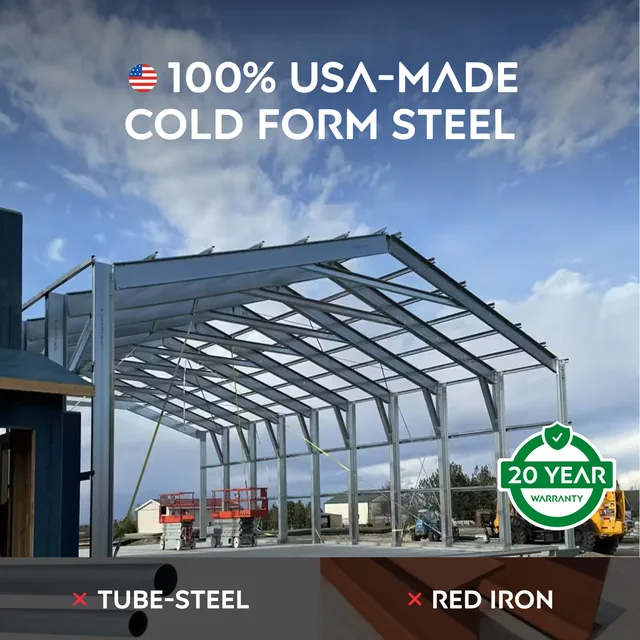 USA-made cold-formed steel building frame with 20-year warranty badge