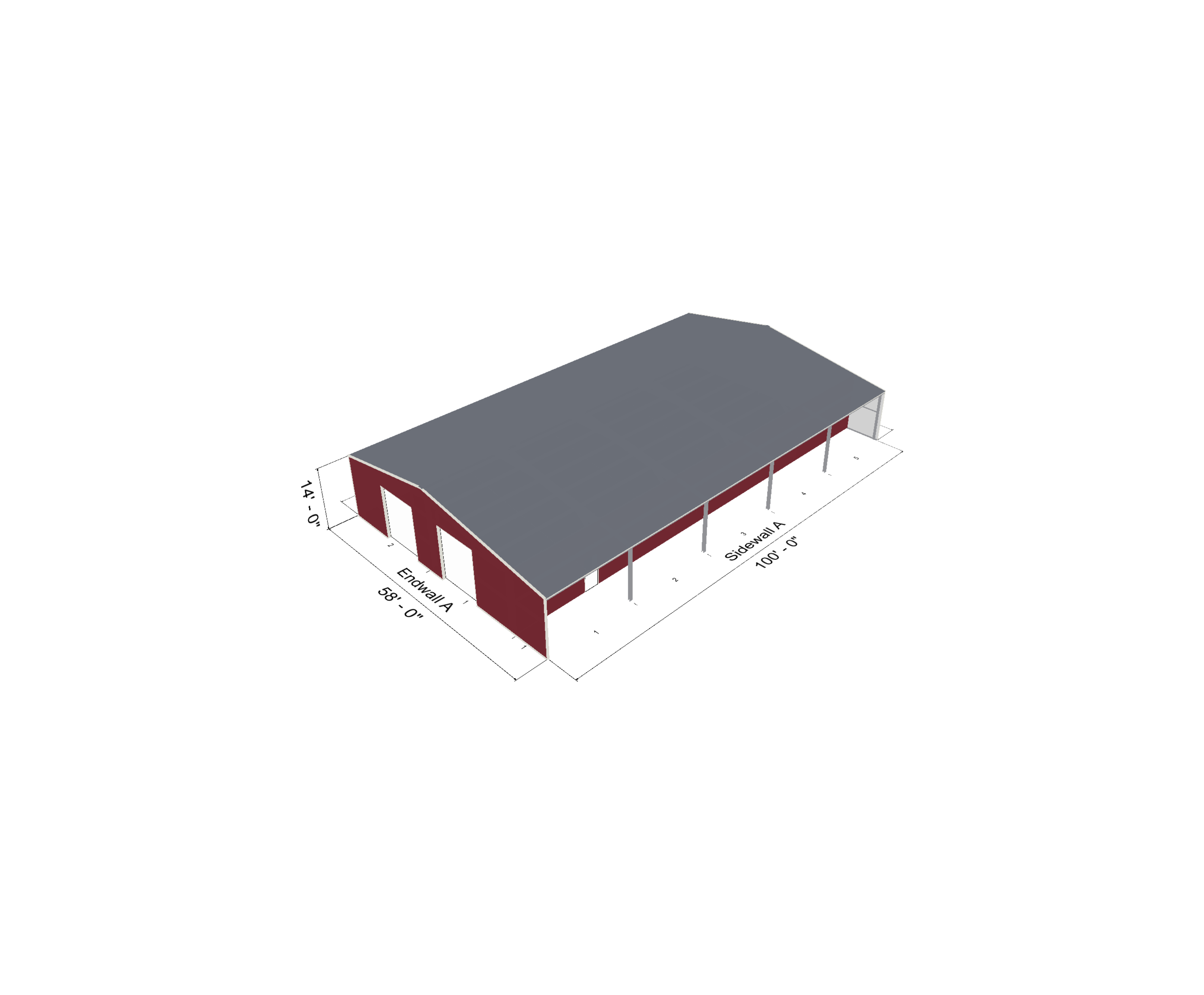 50'w x 100'l x 14'h with an 8'w x 100'l x 12'-8"h partially open leanto