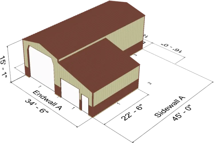 High-resolution isometric render of 18.5x45x15.08 Shop Metal Building