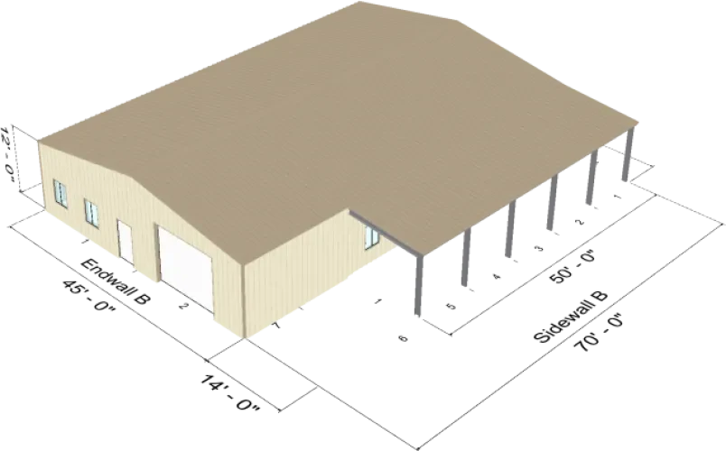 Isometric render 3 of 45x70x12 Shop Metal Building